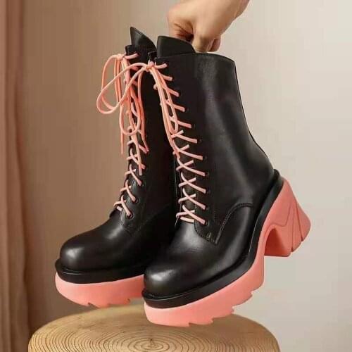 2021 New Pu Boots Lace Up Platform Square High Heels Thick Sole Office Dress Shoes Woman Mid Calf