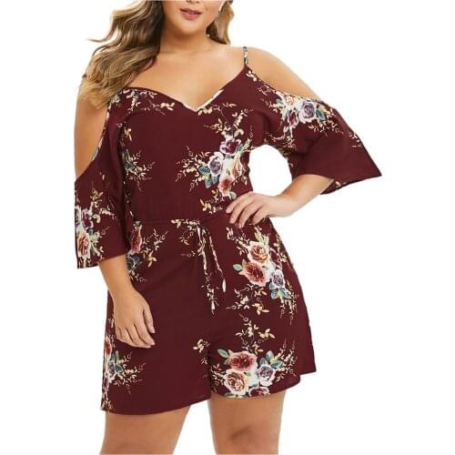 Women Summer Beach Rompers Plus Size Ladies V-neck Sexy Off Shouder Camis Short Sleeve Printed Jumpsuit Bodysuit Rompers