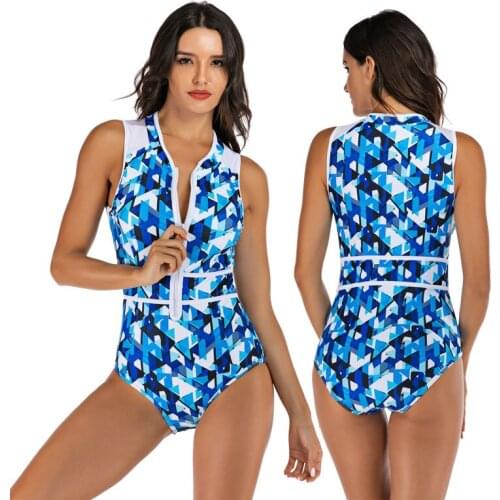Womens Zip Front One Piece Swimsuit Geometric Printed High Neck Rash Guards Sleeveless Tummy Control Bathing Suits Sun Protect