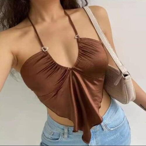 2021 New Style Womens Halter Crop Cami Tops Sexy Sleeveless Solid Color Hanky Hem Ruched Camisole Summer Vest