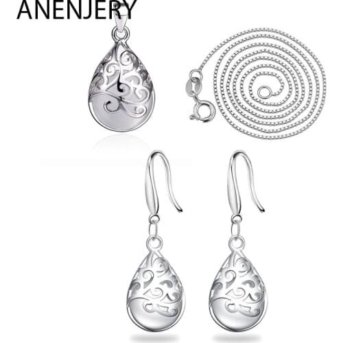 ANENJERY 925 Sterling Silver Jewelry Sets Moonstone Opal Tears Totem Necklace+Earrings For Women Gift