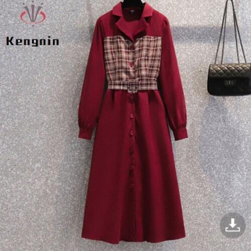 Loose Oversized Womens Dresses 2021 Autumn Winter French Style Ladies Vestidos Plaid Patchwork Red Female Shirt Dresses KE1776