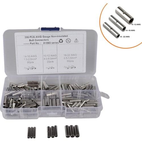 200Pcs 18-22 14-16 10-12 AWG Gauge Non-Insulated Butt Connectors Uninsulated Wire Ferrule Cable Crimp Terminal Kit for Ship Car