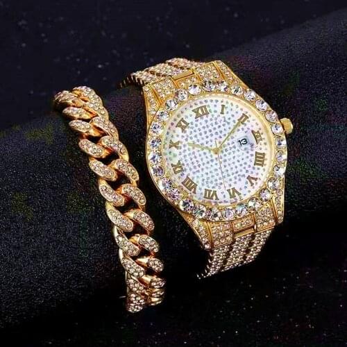 Iced Out Chain Bracelet Watches for Men Women Full Iced Out Watch Wrist Watch Hip Hop Jewelry Mens Watch Set Reloj Dropshipping