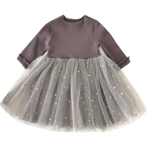 Kids Girl Long Sleeve Dress Star Single Tulle Lace Dress Girl princess Dresses Children Clothes Set