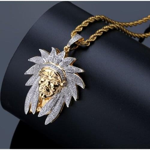 European and American personality retro Indian chief avatar pendant micro-inlaid zircon two-tone necklace
