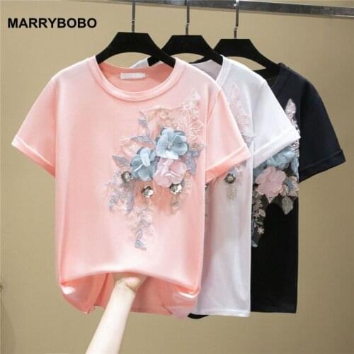Women 3D Flower Beading Sequins T Shirts Casual O Neck Short Sleeve White Tee Shirt 2020 Summer Korean Office Tops