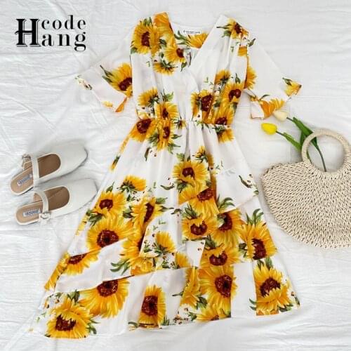HangCode Chic Sunflower Print Women Beach Dress 2021 Summer V-neck Flare Sleeve Irregular Ruffled Dress Female Midi Boho Dress
