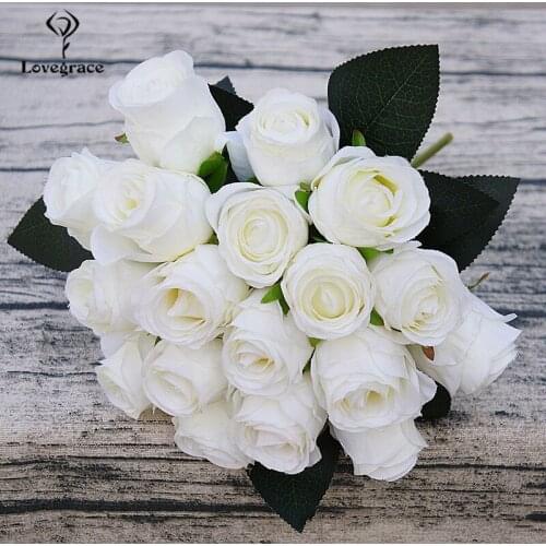 18 Heads Roses Artificial Flowers Bridal Bouquet Silk Small Rose Head Fake Bouquet for Home Wedding Table Home Decor Faux Flower
