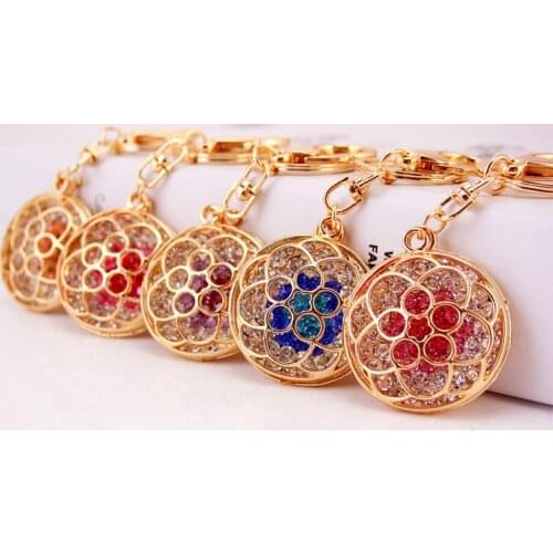 Korean-Style Creative Crystal Hollow round Key Chain Metal Pendant Womens Bag Accessories Key Ring 241