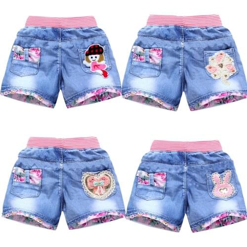 Summer Kids Short Denim Shorts for Girls Fashion Girl Princess Jeans Children Pants Flower Cartoon Clothing 2-10Y