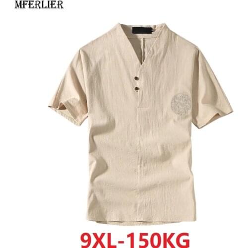Summer Men Breathable sleep tops plus size 7XL 8XL 9XL tees Short Sleeve v-neck cotton linen home wear loose floral sleepwear 70