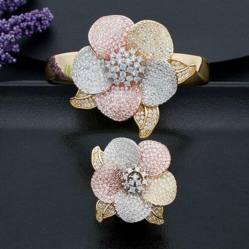 ModemAngel High Quality Elegant Flower 3Tone Copper Bangle And Ring Set For Women Wedding Engagement Jewelry