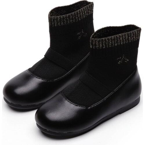 Children Black Leather Shoes 2021 New Autumn Girls Casual Shoe Soft Ankle Shoe Brand Warm Socks Boot Fashion Patchwork Kids Shoe