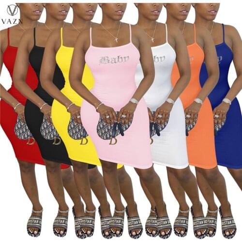 VAZN 2021 New Sexy Club Birthday O-neck Sleeveless Letter Mini Dress Special Summer Elegant Fashion High Waist Women Dress