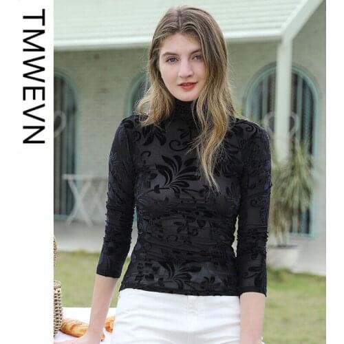 Autumn and Winter Womens New Half-high Neck Slim-fit Pullover Long-sleeved Top Flower Bottoming Shirt