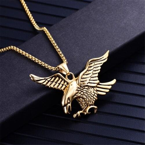 Punk Biker Gold Color Titanium Stainless Steel Animal Eagle Hawk Wing Pendants Necklace for Men Jewelry