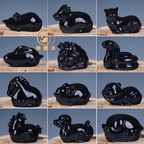 Crafts Retro Black small pottery Zodiac mouse ox tiger and rabbit goat and monkey dog pig dragon Furnishing articles porcelain