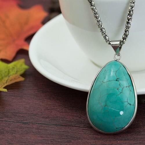 Retro Ethnic Green Turquoises Pendant Necklaces Vintage Rock Big Size Teardrop Reiki Stone Choker Chain Necklaces for Women Male