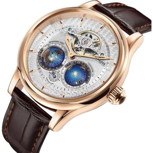 SEAKOSS 2021 Luxury Double Earth Globe Rotating Flywheel Tourbillon Device Automatic Mechanical Watches Dress Wristwatch for Men