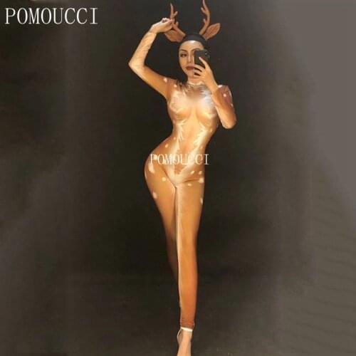 Christmas Style (Without Headwear) Women New Sexy 3D Printed Jumpsuit Nightclub Party Stage Wear Costumes Bodysuit Dance Costume