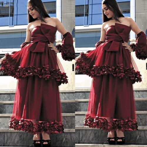 Sexy prom dresses burgundy strapless neckline tiered ruffle bowknot ankle length long evening dresses gowns