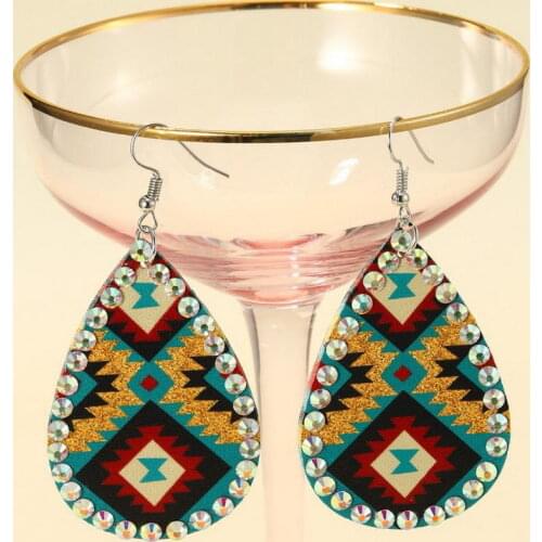 Western Fashion AB Crystal Encircle Teardrop Leather Earrings for Women Aztec Style Zigzag Pattern Statement Earrings Wholesale