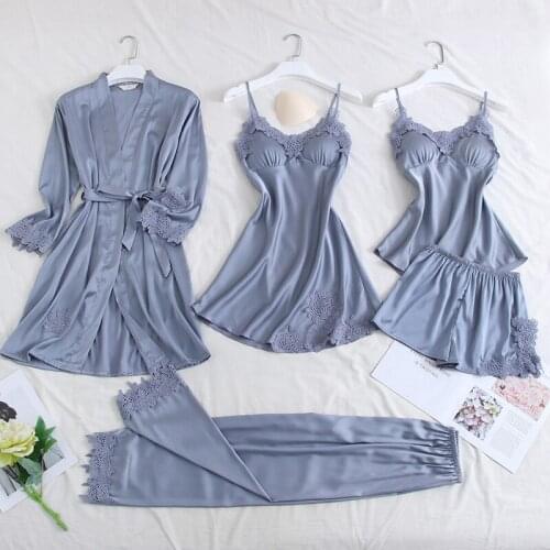 Gray Pajamas Suit Women 5PCS Nightwear Silky Rayon Kimono Sleep Robe Set Sleepwear Home Clothing Gown Bathrobe Warm Nightgown