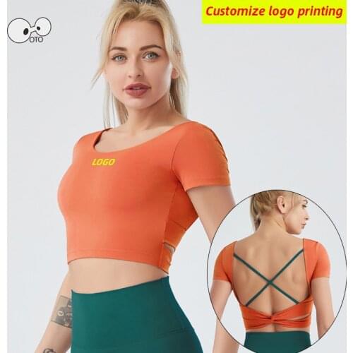 Custom LOGO Backless Padded Running Gym Sports T-Shirt Women Fitness Yoga Short Sleeve Shirts Quick Dry Elastic Workout Crop Top