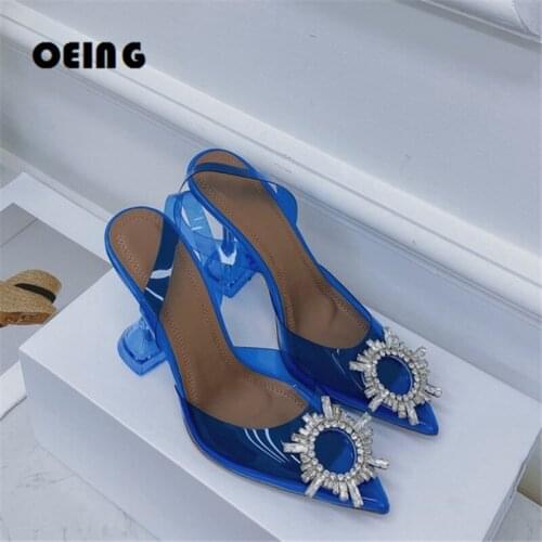 2021 Spring Women Slingback Pumps Sun Crystal Buckle Candy Color PVC Sandal Pumps Sexy Pointed Toe Wedding Party Shoes For Women