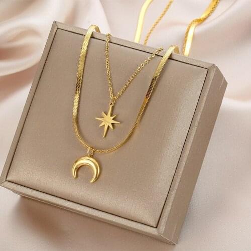 XIYANIKE 316L Stainless Steel Gold Color Star Moon Pandents Necklaces For Women Two Layer Choker 2021 Trend Fashion Gift Jewelry