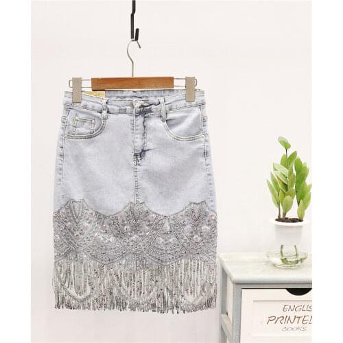 Fashion Summer New Women Sequins Tassel High Waist Denim Skirt Washed blue Casual Slim Short Sexy Jeans Skirts Streetwear Female