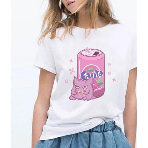 Pokemon Gengar Pink Juice Clothes Anime T-shirt Top Kawaii Summer Women Casual Cute Print O-neck Short Sleeve Cartoon Tee Femme