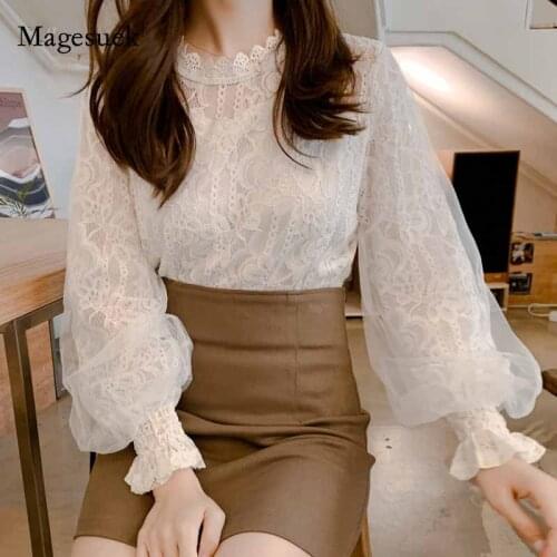 See-through Lantern Long Sleeve Blouse Fashion Button Transparent White Shirt Female New Women Mesh Sheer Blouse Blusas 10456