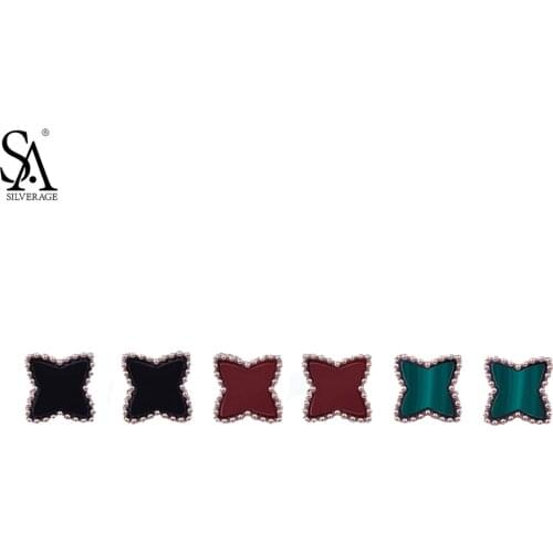 SA SILVERAGE 925 Sterling Silver Red/Black Agate Stud Earrings for Woman Green Malachite Geometry Silver Star Earrings New