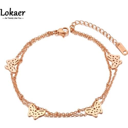 Lokaer Boho Double Layer Butterfly Animal Charm Anklets For Women Stainless Steel CZ Crystal Foot Chain Link Jewelry A21022