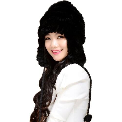 Winter Fur Hat For Women Real Rex Rabbit Fur Beanie Cap Female Earmuffs Warm Hats Handmade Cross Striped Fluffy Soft