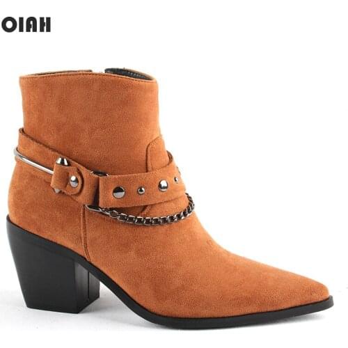 2020 New Boots Women Pointed Toe Mid Heel Ankle Boots Thick Square Heel Slip On Western Boots Cowboy Boots Women Microfiber