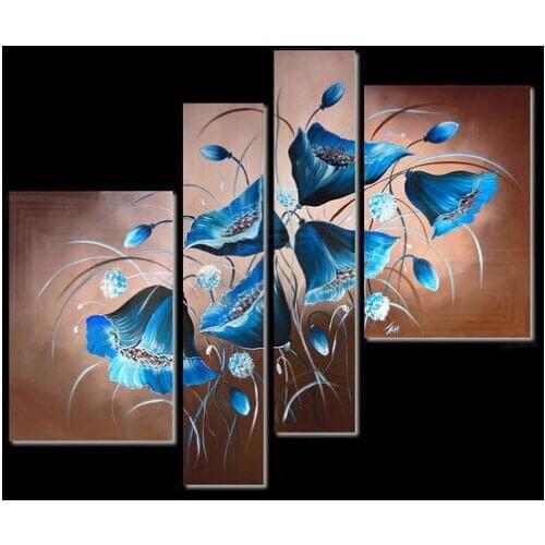 4PC Blue Flowers Modern Abstract Art Oil Painting Wall Decor canvas painting home decoration (No Framed)
