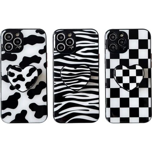 Black White Zebra Cow Pattern Phone Case for iPhone 12 11 Pro XS Max XR X 7 8 Plus SE 2020 Love Heart Stand Holder Back Cover