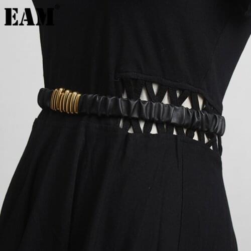 [EAM] Pleated Decoration Balck Long Elastic Pu Leather Belt Personality Women New Fashion All-match Spring Autumn 2021 1DD3296