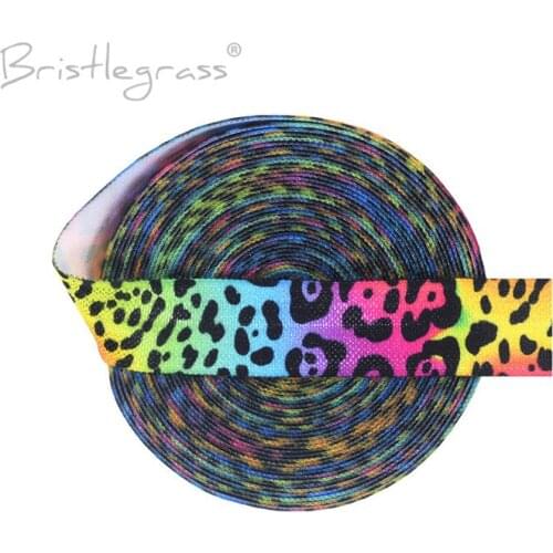 BRISTLEGRASS 2 5 10 Yard 5/8" 15mm Rainbow Leopard Print Fold Over Elastics FOE Spandex Satin Band Hair Tie Headband Sewing Trim
