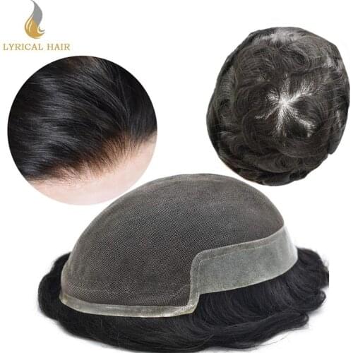 French Lace Front Mens Hairpiece Bleached Knots Toupee Human Black Hair Replacement Poly Skin Pu Hair System Wig for Men