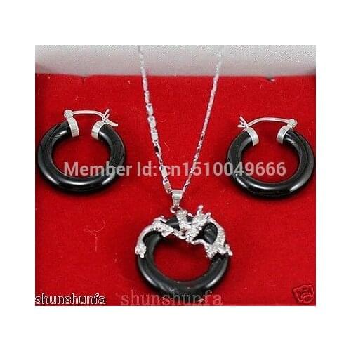 Hot sale GOOD SHIP>>>>Jewellery black jade natural silver soild dragon pendant necklace earring