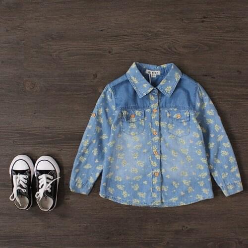 New Arrival Baby Boys Girls Cotton Denim Shirts & Blouses Kids Flower-print Denim Shirts Child Soft Denim Shirts
