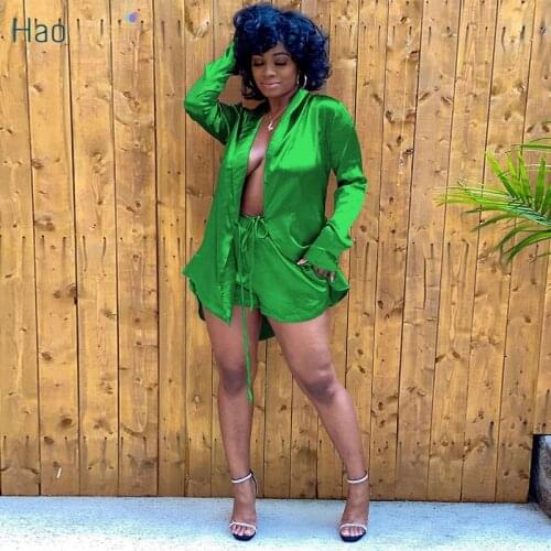 HAOYUAN Satin Two Piece Set Long Sleeve Cardigan Bandage Pocket Shorts for Women Fall Clothing Loungewear Outfits Matching Sets