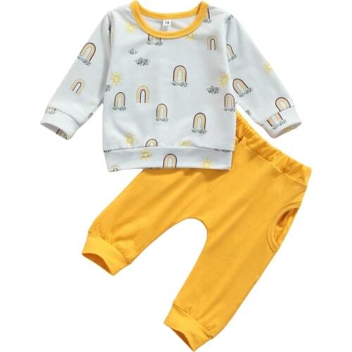 FOCUSNORM 0-18M Newborn Baby Girls Boys 2PCS Clothes Sets Rainbow Printed Long Sleeve Pullover Sweatshirt Pants