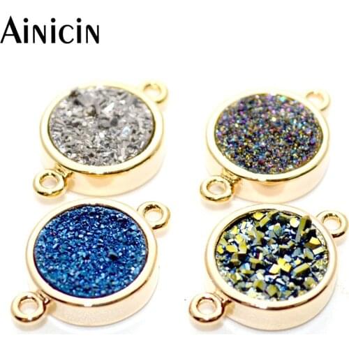 Natural Druzy Crystal Shine Coin Shape Copper Connectors Green Silver Rainbow Navy Blue Connectors DIY Jewelry Making Findings