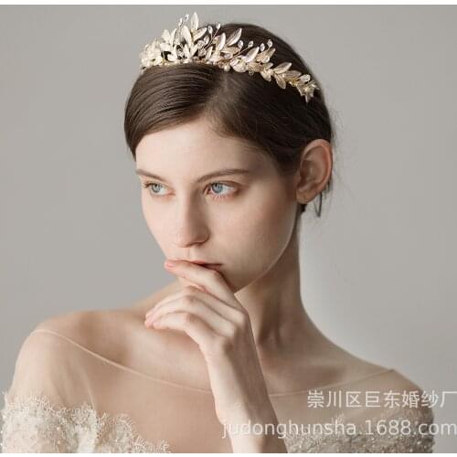Le Liin Gold Leaf Bride Crown Rustic Pearl Tiara Wedding Hair Accessories Bridal Headpiece
