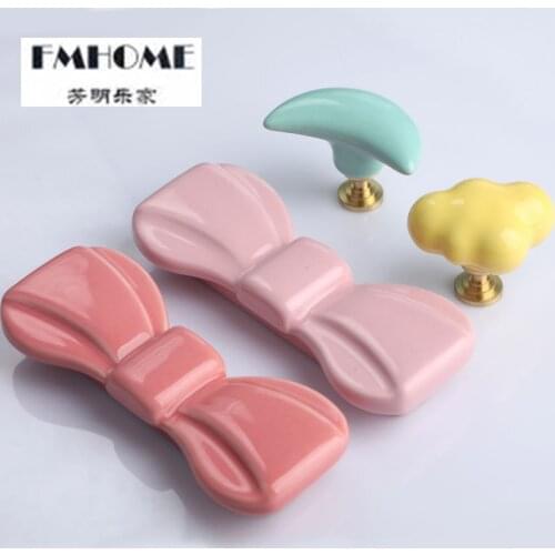 Creative cartoon ceramic kids knob yellow green white blue Color bow Cloud moon drawer shoe cabinet bathroom cupboard handle 96